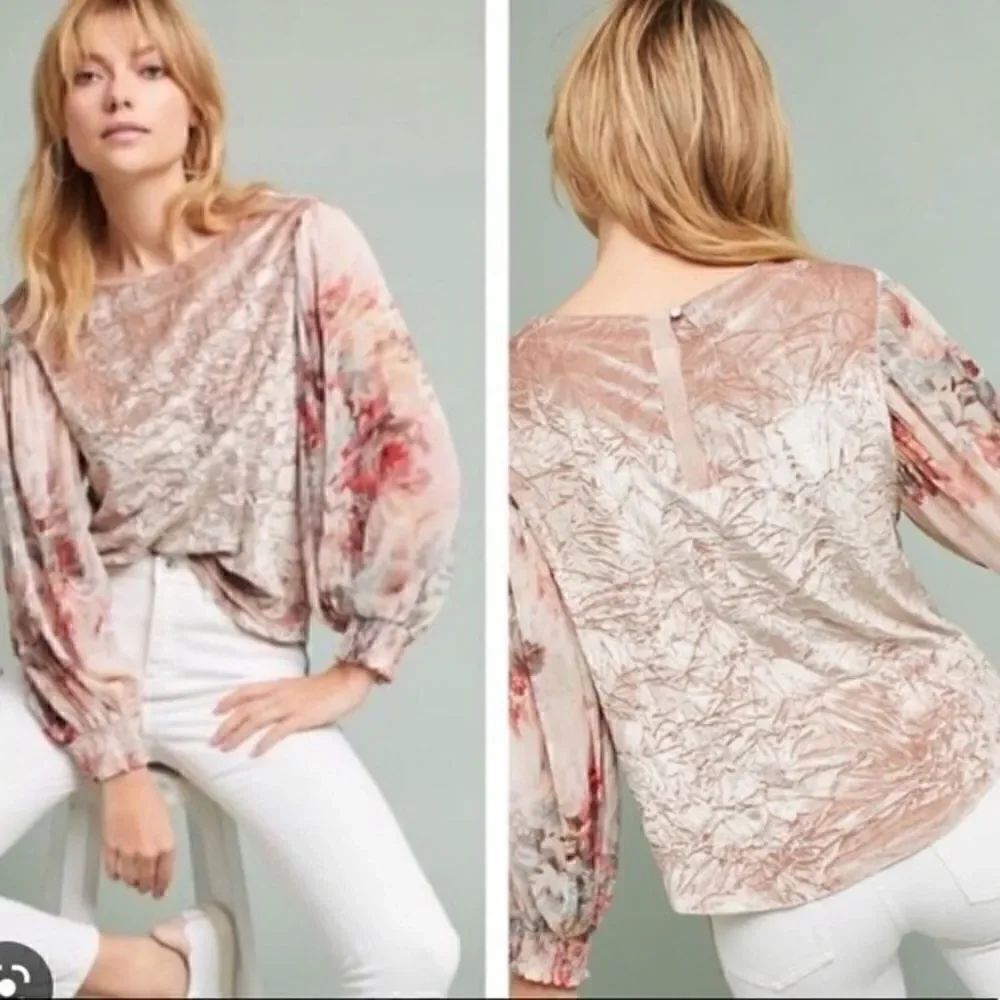Anthropologie | Meadow Rue crushed velvet sheer balloon sleeve top | S